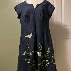 Eshakti Navy Blue Embroidered Bird Embellished Stretch Poplin Dress
